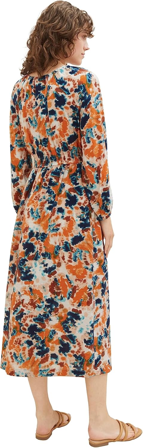 TOM TAILOR Damen Maxikleid mit Raffung 44 32367-grey Orange Tie Dye Floral, 44 32367-grey Orange Tie