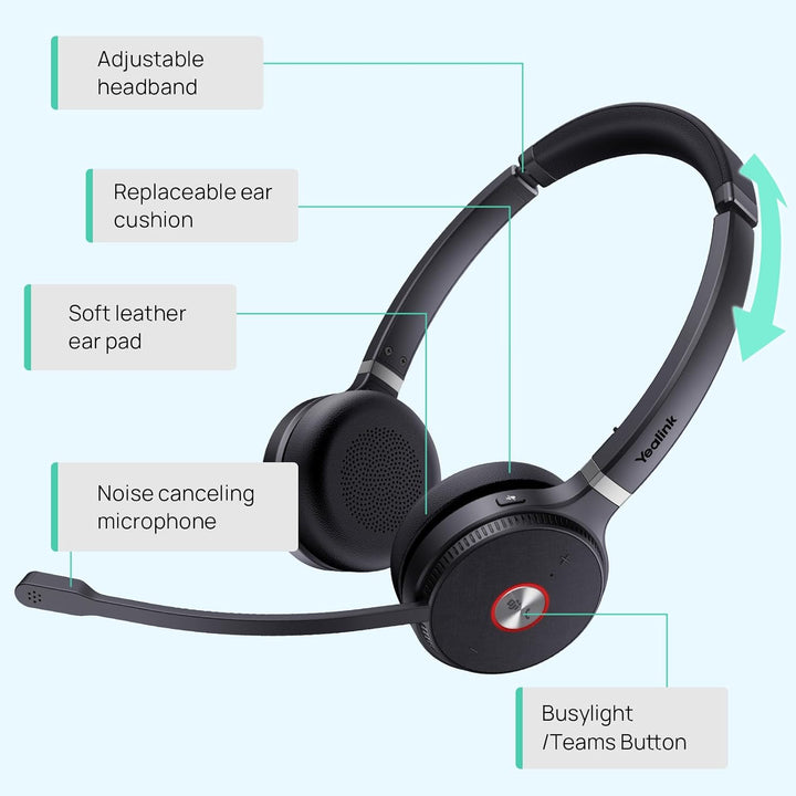 Yealink WH62 kabellos DECT Kopfhörer Teams Zertifiziert, Stereo Büro-Headset für Tischtelefon und Co