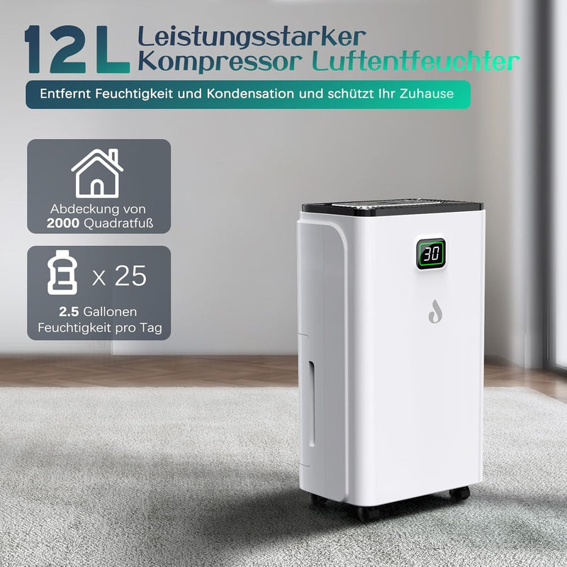 Luftentfeuchter 12L/Tag mit Digitaler Feuchtigkeitsanzeige, Automatische Entfeuchtung, 24H-Timer, Ko