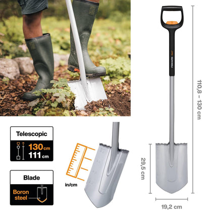 Fiskars Teleskop-Spaten für schwere, steinige Böden, Spitz, Länge: 111 - 130 cm, Verstärktes Borstah