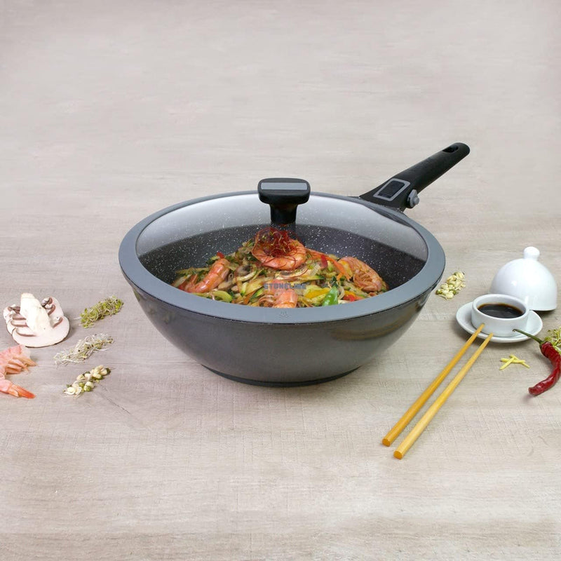 Stoneline Imagination Plus Wok 30 cm, mit Glasdeckel und abnehmbarem 3-Stufen-Sicherheitsgriff, Wokp