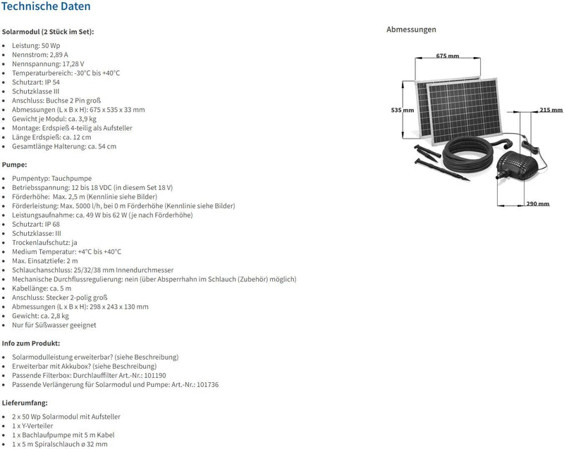 Solar Bachlaufset 100W Solarmodul 5000 l/h Förderleistung 3m Förderhöhe inkl. 5m Schlauch 32mm Bachl