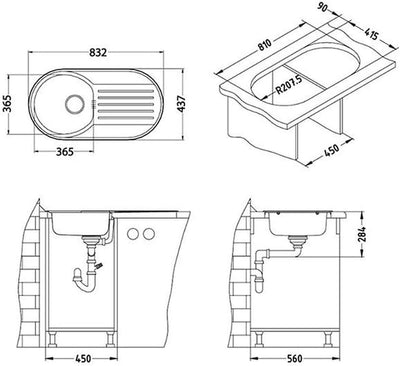 VBChome: Einbauspüle mit Hahnloch 832x437 mm Camping Küchenspüle - Leinenstruktur Alveus Form 30 Spü