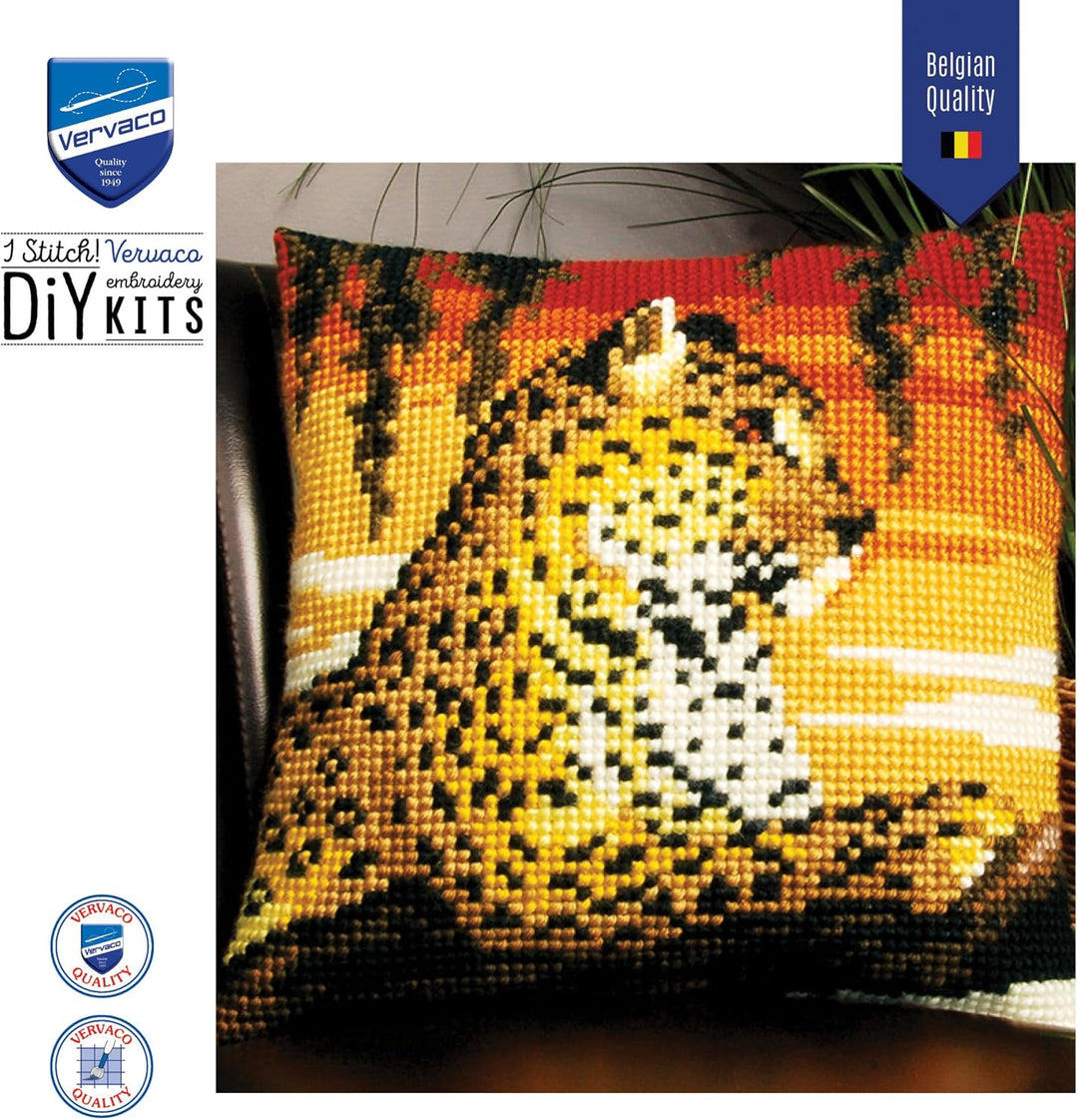 Vervaco Kreuzstichkissen Leopard Kreuzstichpackung, Stramin, Weiss, 40 x 40 x 0,3 cm