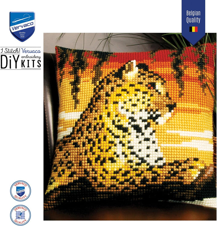 Vervaco Kreuzstichkissen Leopard Kreuzstichpackung, Stramin, Weiss, 40 x 40 x 0,3 cm