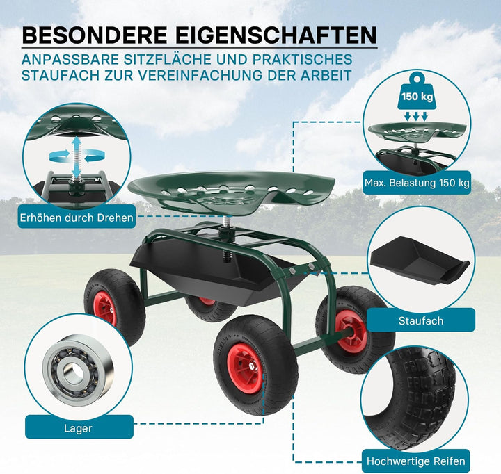 Wiltec Gartenwagen mit Ablagefläche bis 150kg Gartenhocker mit Reifen Gartentrolley für Gartenarbeit