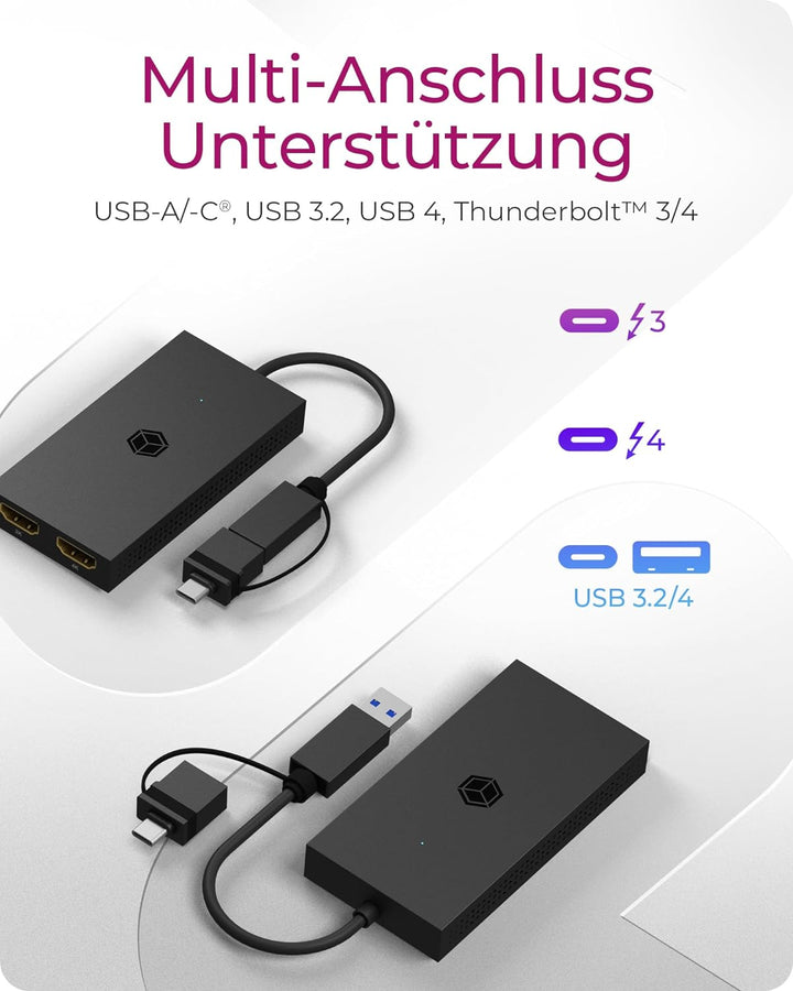 ICY BOX USB zu Dual HDMI Splitter (2K 60Hz / 4K 30Hz), USB-A & USB-C zu 2X HDMI, Unterstützt Windows