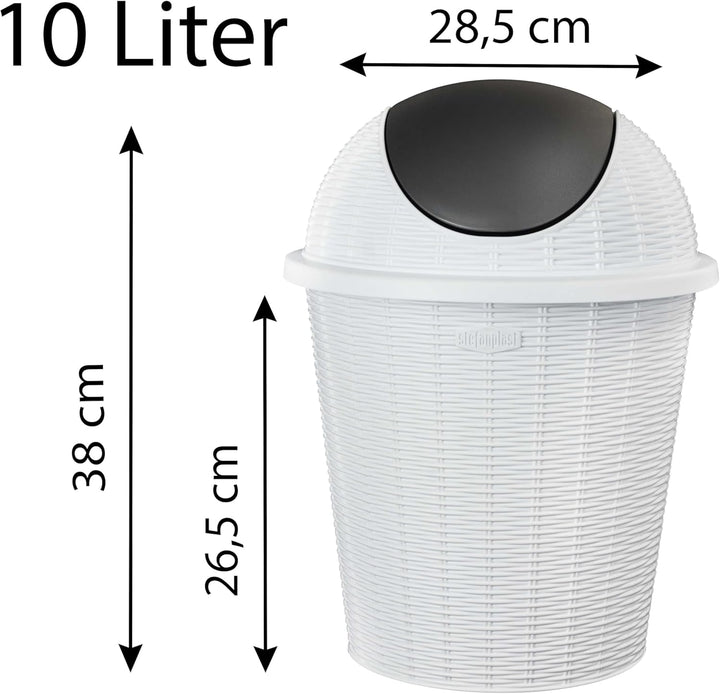 Mülleimer 10 Liter rund Weiss Rattanoptik Schwingdeckel Schwingdeckeleimer Kunststoff Küche Büro Bad