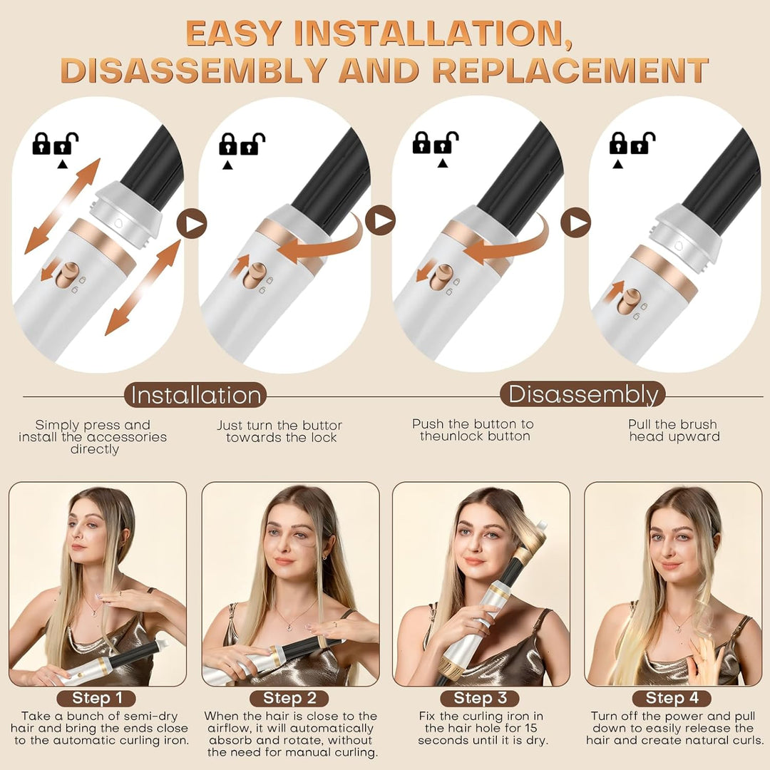 Airstyler 5 in 1, 1000W Warmluftbürste Set mit Lockenstab Automatisch, Air Styler Thermal Brush Haar