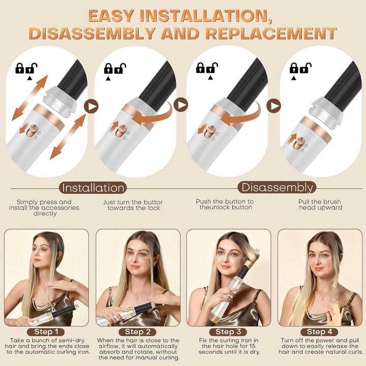Airstyler 5 in 1, 1000W Warmluftbürste Set mit Lockenstab Automatisch, Air Styler Thermal Brush Haar