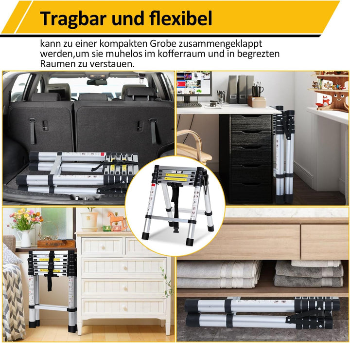 1.7+2M Klappleiter Teleskopleiter, A-Rahmen 5+6 Sprossen Aluminiumleiter, Rutschfester Aluleiter mit