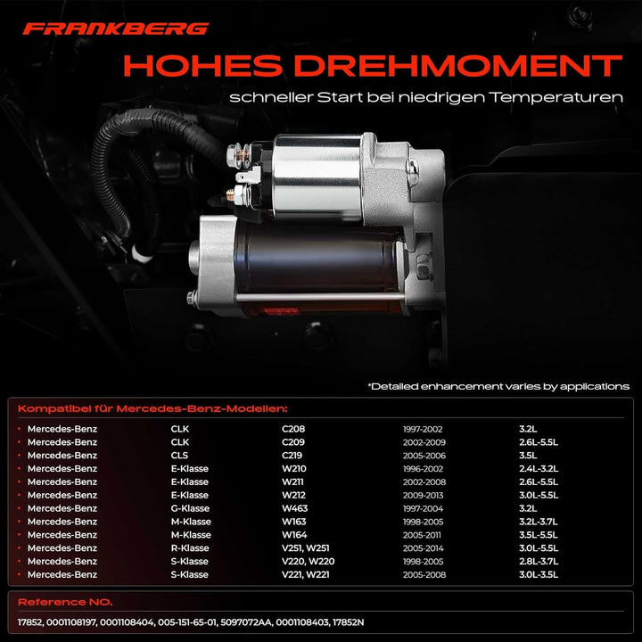 Frankberg Anlasser Starter Kompatibel mit W203 W204 CL203 S203 S204 2000-2014 C208 A208 A209 1997-20