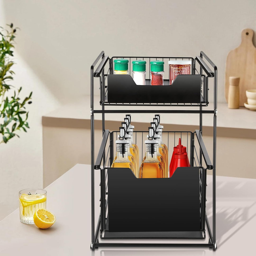 GLIT Unterschrank mit 2 Ebenen, Küchenorganizer mit 2 Schubladen, Aufbewahrungskorb für Küche, Speis