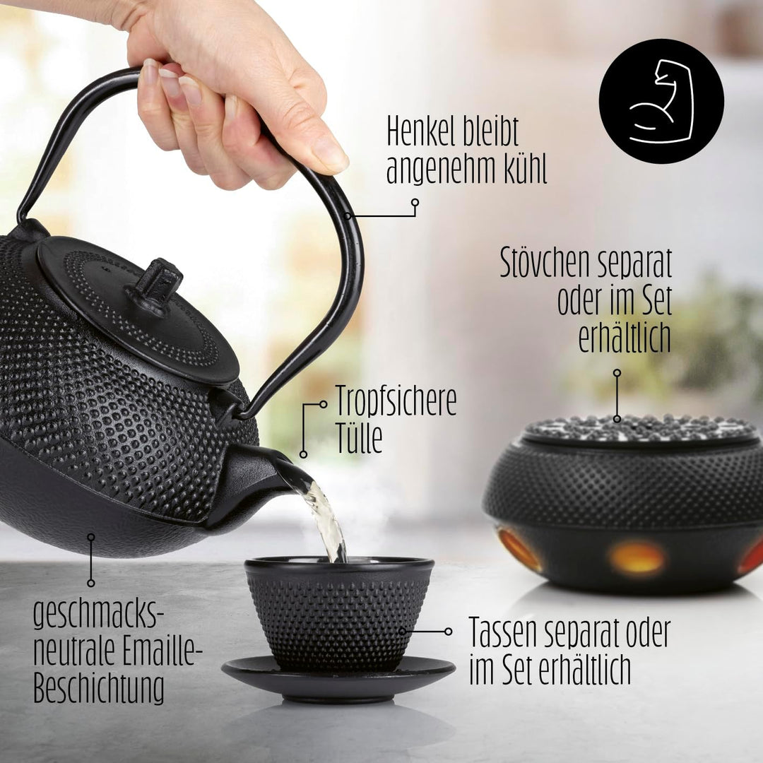 Lumaland Tee Kanne im Asia Hobnail Design | 1 x gusseiserne Teekanne (1,4 Liter) 1x Bambus Dosierlöf