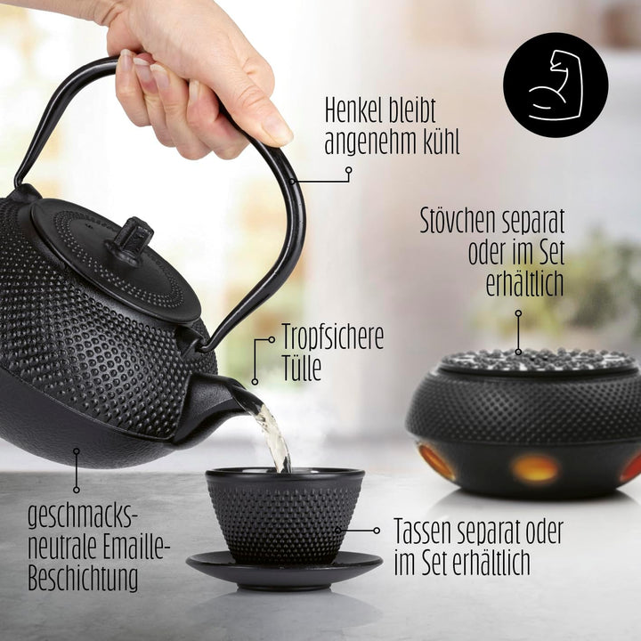 Lumaland Tee Kanne im Asia Hobnail Design | 1 x gusseiserne Teekanne (1,4 Liter) 1x Bambus Dosierlöf