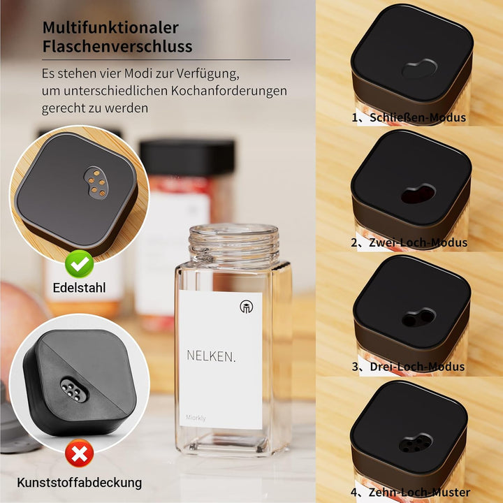 Miorkly Gewürzgläser Eckig - 6er Set mit Schwarz Edelstahl Drehdeckel, 120ML Gewürzstreuer Set mit S