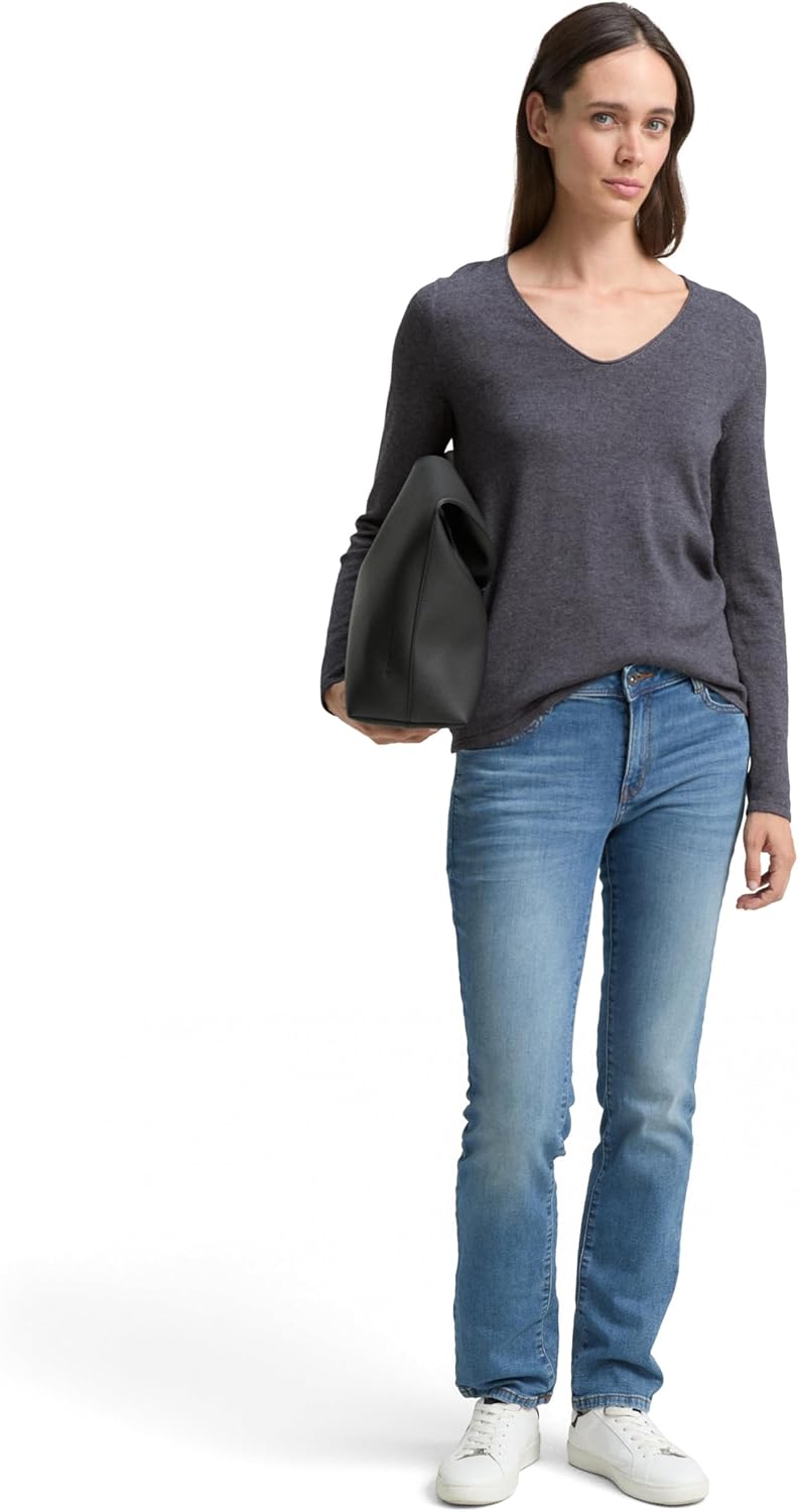 TOM TAILOR Damen Basic Strickpullover mit V-Ausschnitt XS 30281 - Evident Anthracite Melange, XS 302