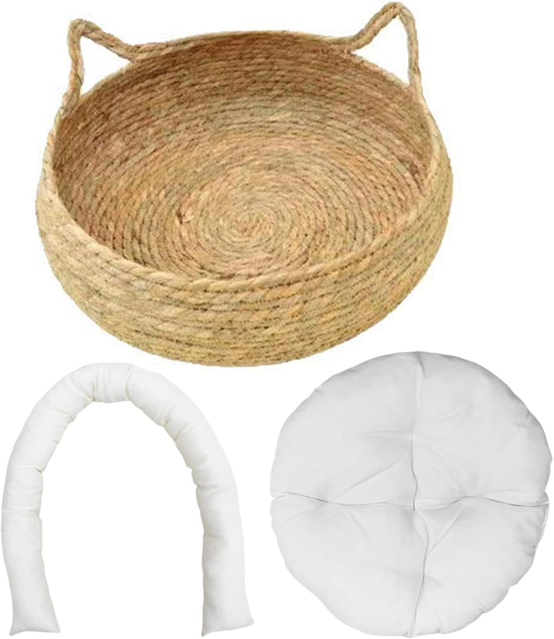 Katzenkorbbett, 17-Zoll-Strohkatzenbett mit weichem Kissen, kratzfürchtiges Kätzchenbett mit Katzen.