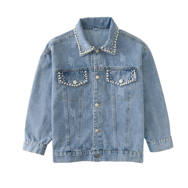 Rolanko Jeansjacke für Mädchen, Basic Trucker Jacke aus Denim Outwear Button Down Jeans Hemden 6-7 J