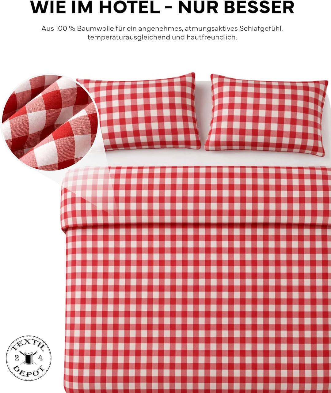 texpot Landhaus Bettwäsche Rot Kariert mit Hotel (Garnitur 135 x 220 cm + 80 x 40 cm), Garnitur 135