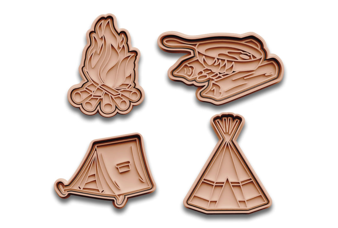 Camping Keksausstecher Set – 4-teilig – Lagerfeuer, Zelt, Tipi & Pfanne über Feuer – PLA Ausstecher