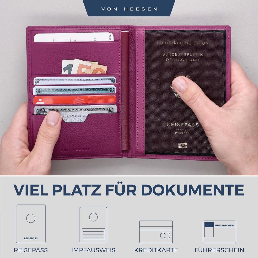VON HEESEN® Reisepasshülle Leder Etui mit RFID-Schutz - Passhülle Passport Reisepass Mappe Hülle Org