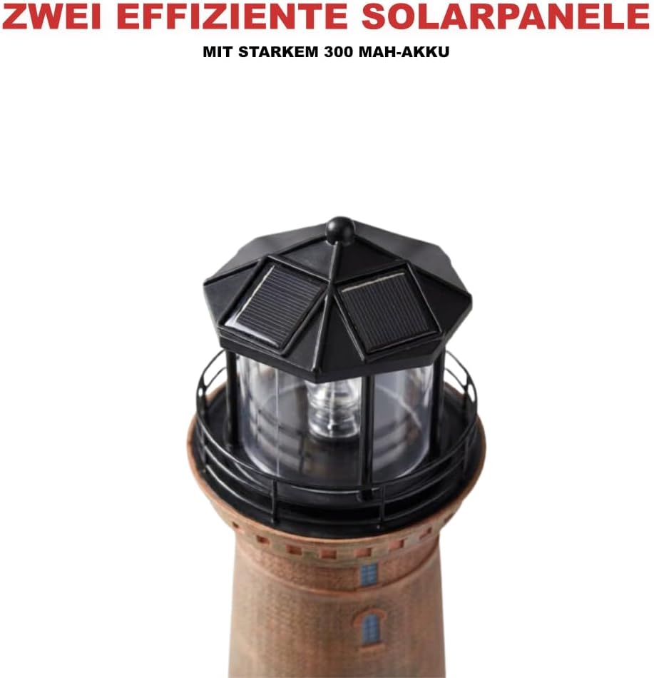 Solar-Leuchtturm Borkum aus Polyresin, LED Leuchtfeuer automatisch, wetterfest IP44, handbemalt, Gar