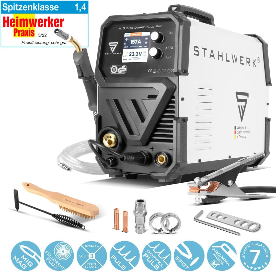 STAHLWERK MIG MAG 200 Doppelpuls Pro vollsynergisches Schweissgerät mit 200 Ampere und AK25/MB25 Sch
