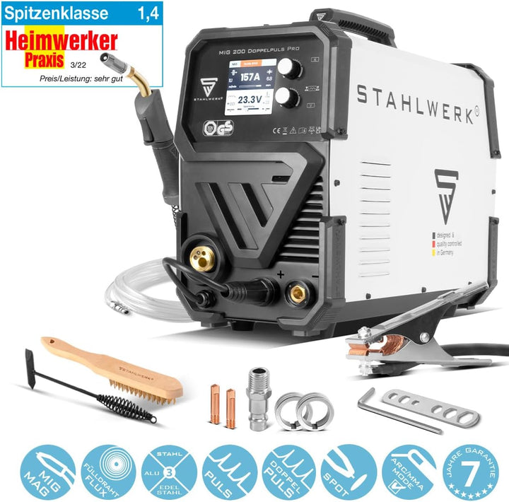 STAHLWERK MIG MAG 200 Doppelpuls Pro vollsynergisches Schweissgerät mit 200 Ampere und AK25/MB25 Sch