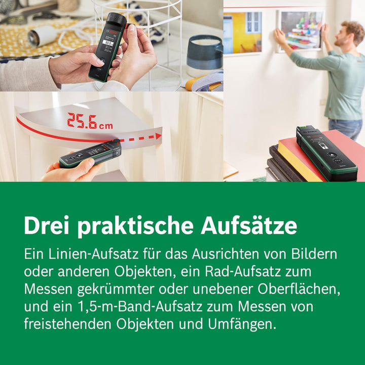 Bosch Laser-Entfernungsmesser Zamo der 4. Generation mit 3 Aufsätzen (einfaches und präzises Messen