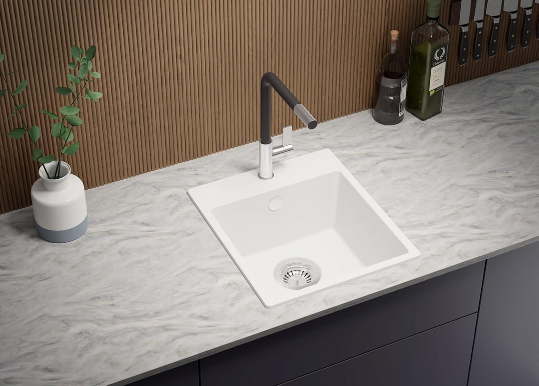 Spülbecken Weiss 38 x 44 cm, Granitspüle + Ablauf-Set, Küchenspüle für 40er Unterschrank, Einbauspül