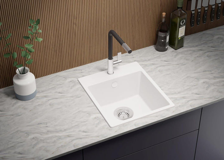 Spülbecken Weiss 38 x 44 cm, Granitspüle + Ablauf-Set, Küchenspüle für 40er Unterschrank, Einbauspül