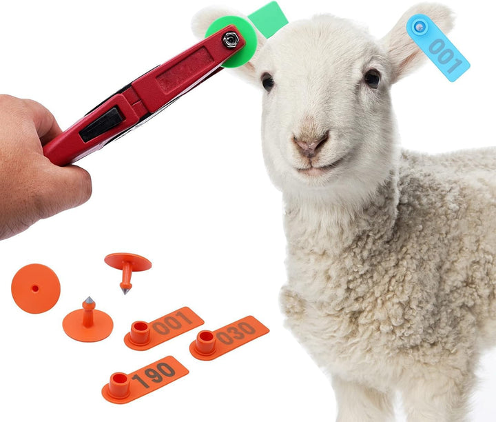 Junniu 300 Stück 001-100 Zahlen-Anhänger aus Kunststoff mit 1 x Ohrmarken-Applikator, Zange und 1 x