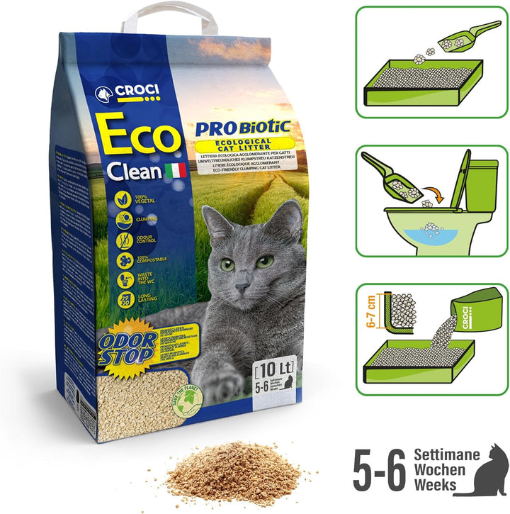 Croci Eco Clean Probiotic Litter 10 L - Klumpende Katzenstreu, Biologisch abbaubar, Toilettenspülung