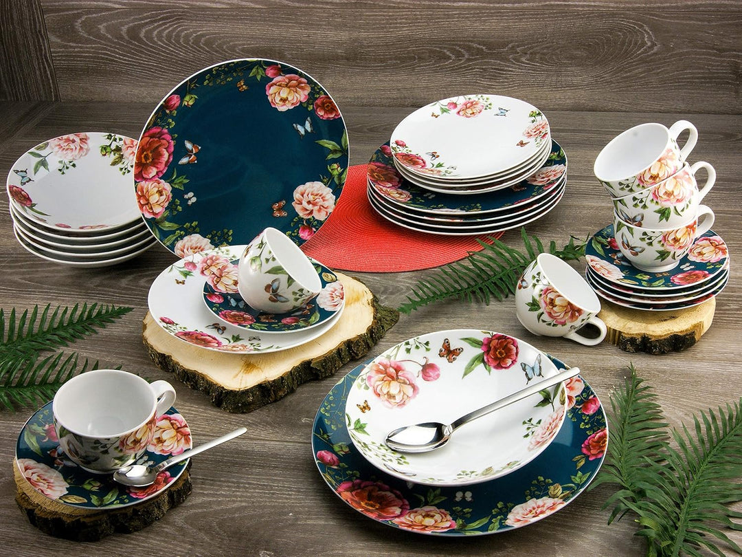 CreaTable Petrol, 22219, Serie Enjoy ROSES weiss, Geschirrset, Kaffeeservice 18 teilig, Porzellan Ka