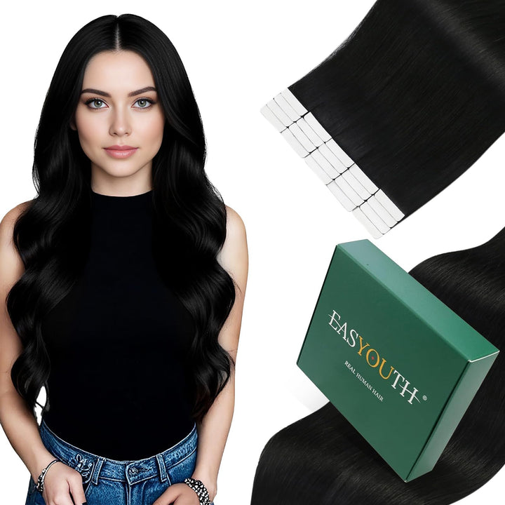 Easyouth Tape in Extension Echthaar Schwarz Tape in Haarverlangerung Remy Tape in Haar Extensions Fa