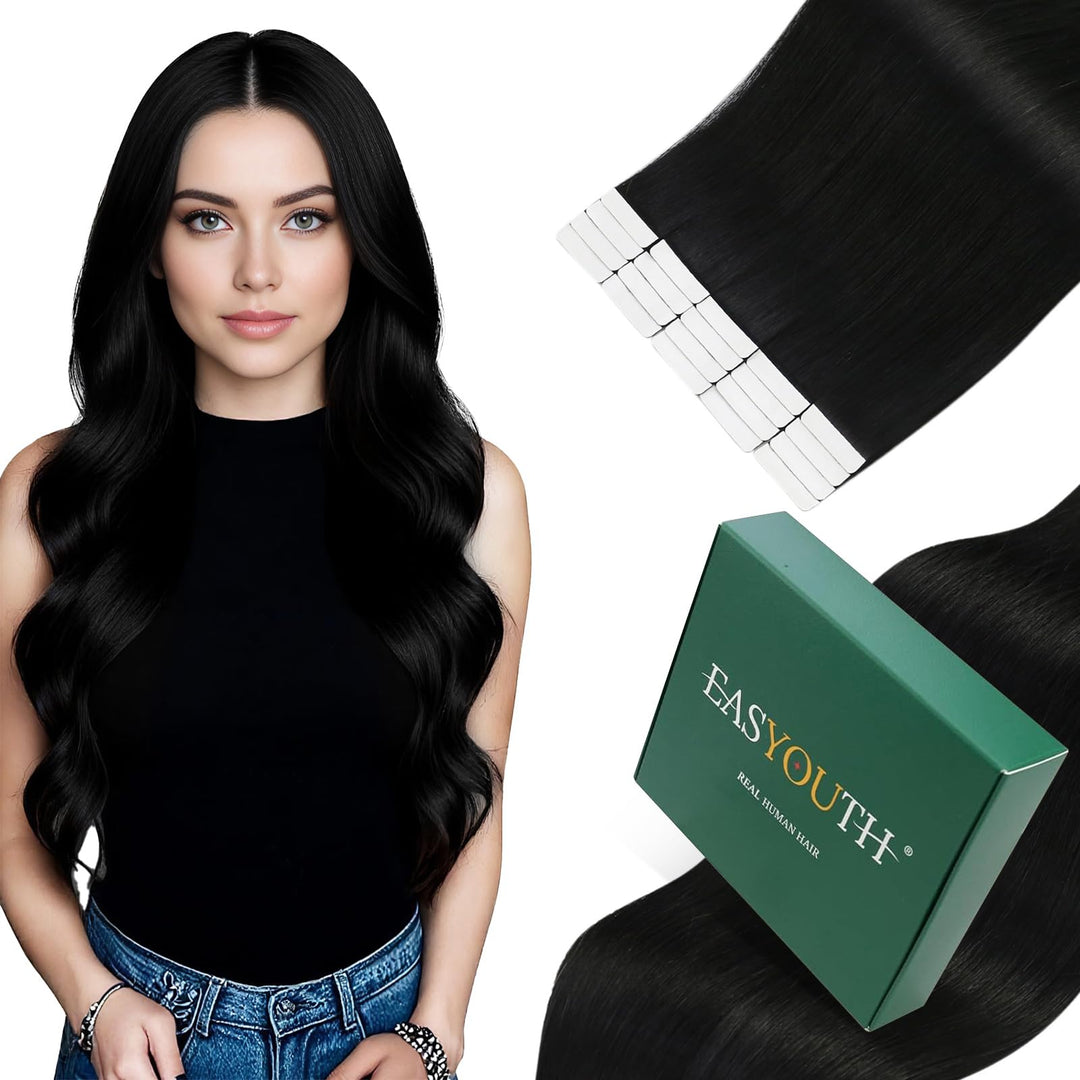 Easyouth Remy Tape in Echthaar Extensions Tape in Haarverlaengerung Schwarz Glatt Tape Extensions Ec