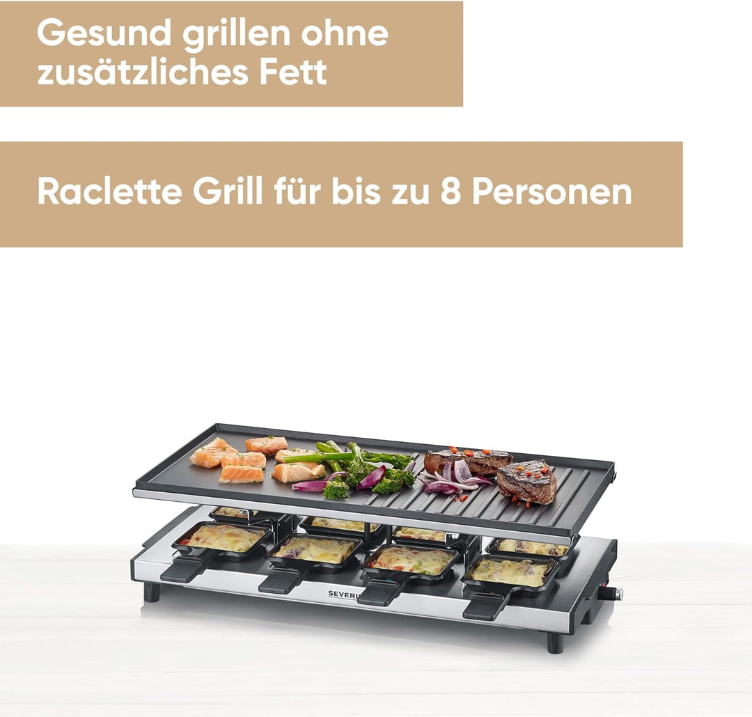 SEVERIN Raclette-Grill, Raclette mit grosser antihaftbeschichteter Grillplatte und 8 Raclette Pfännc