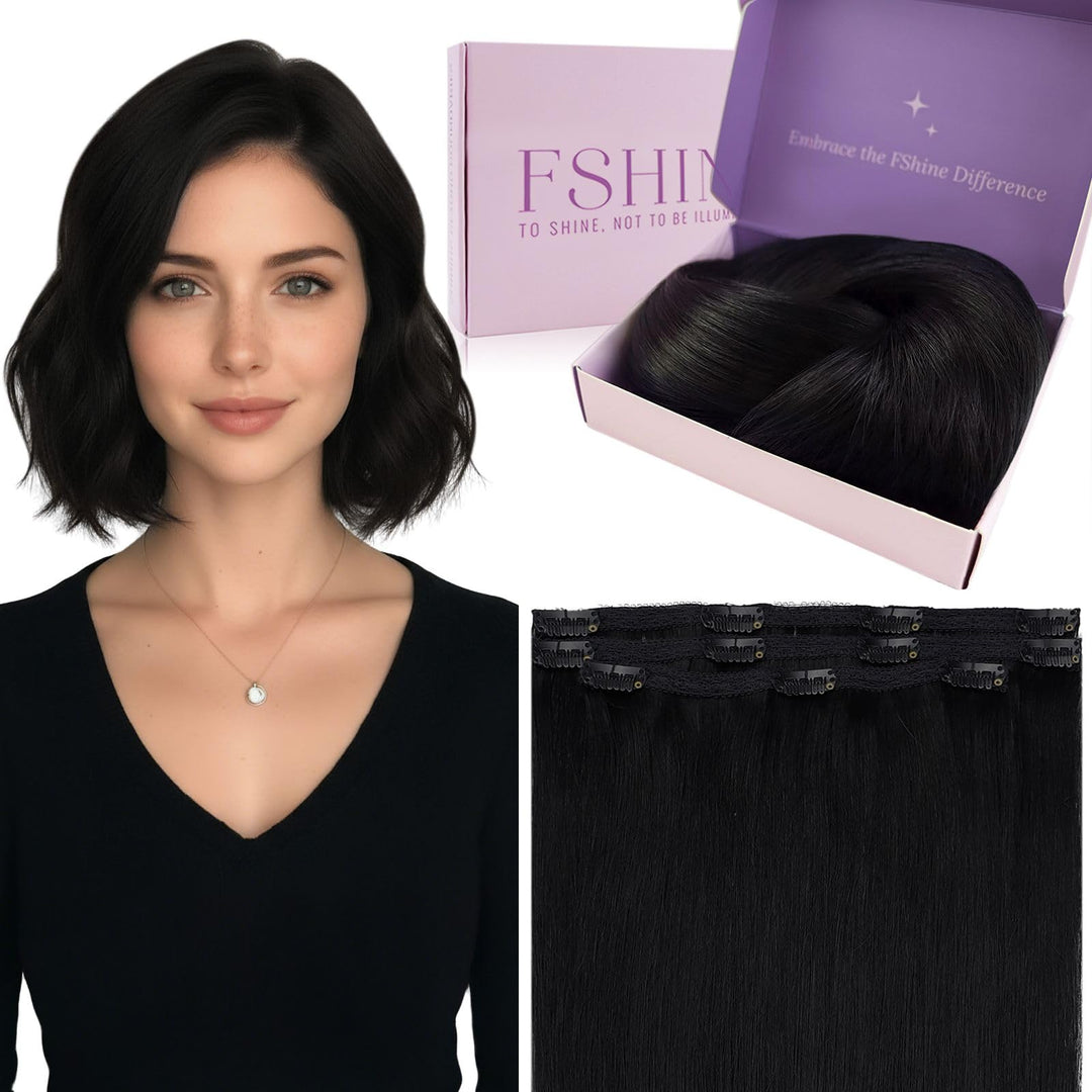 Clip in Extensions Echthaar Natürlich Schwarz, 30 cm, 50 g 3 Stücke, Glatt & Seidig, Echthaar Extens