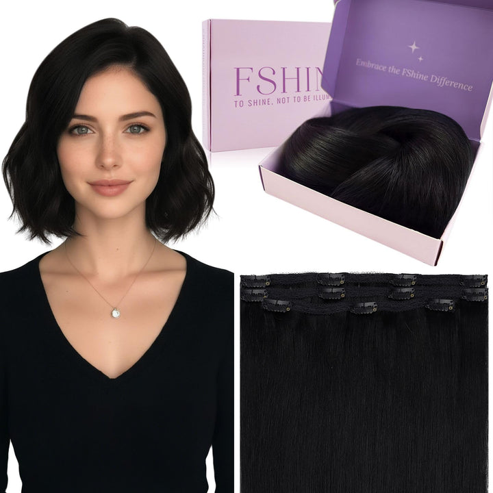 Clip in Extensions Echthaar Natürlich Schwarz, 30 cm, 50 g 3 Stücke, Glatt & Seidig, Echthaar Extens
