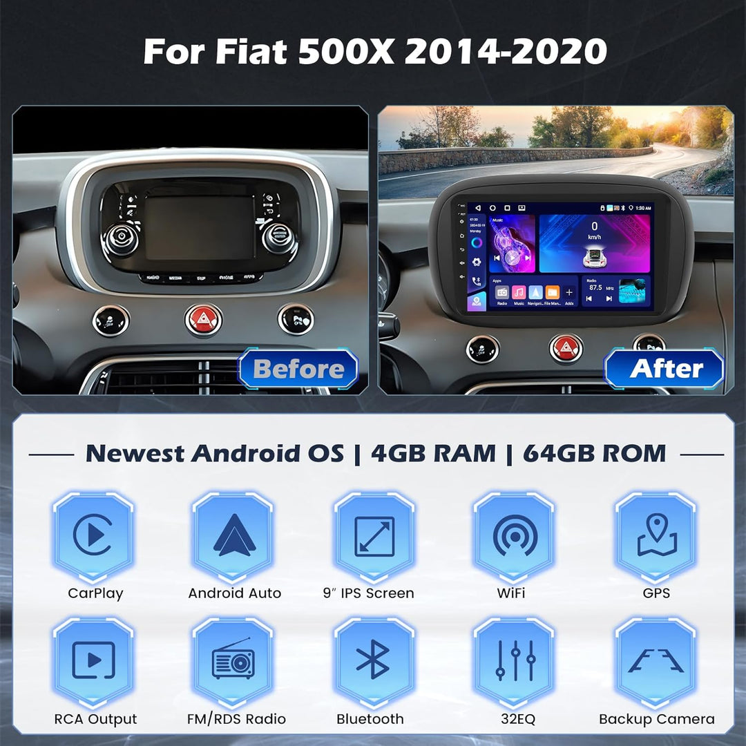 Hikity 4G+64G Autoradio Android 15 für FIAT 500X 2014-2020, 2-DIN-Autostereo mit Wireless Carplay, A
