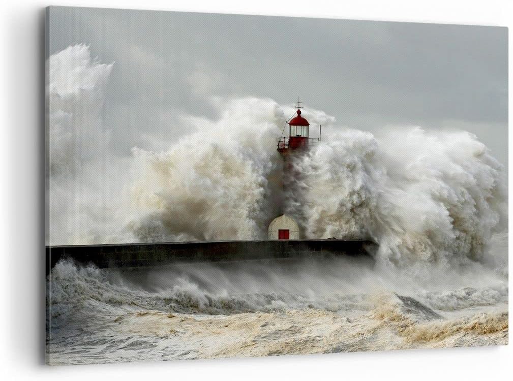 ARTTOR Bilder auf Leinwand 100x70cm Leinwandbild Leuchtturm Ozean Sturm Gross Wanddeko Bild Schlafzi
