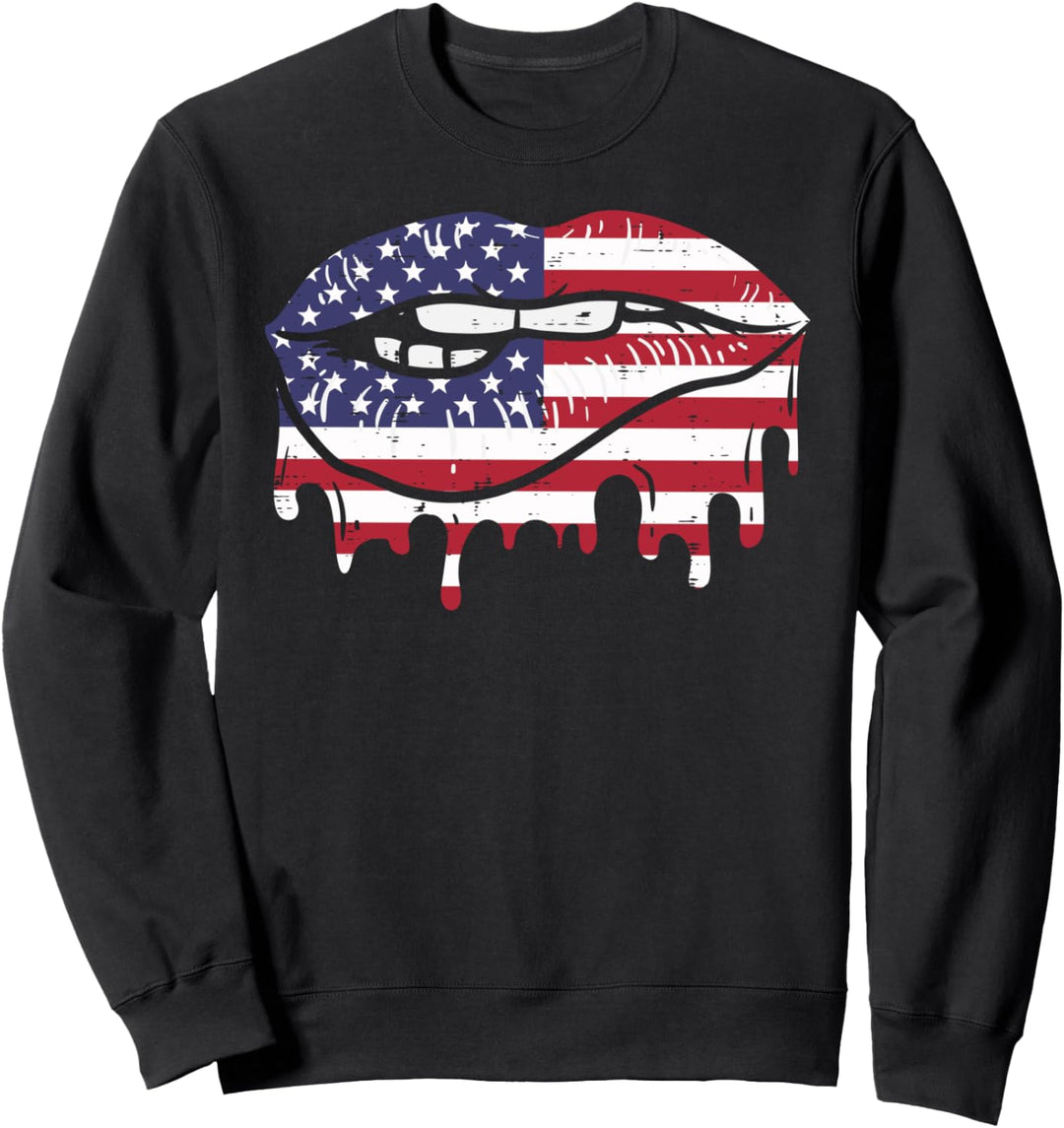 Dripping Lip Bite US American Flag 4th Of July Fourth Women Sweatshirt