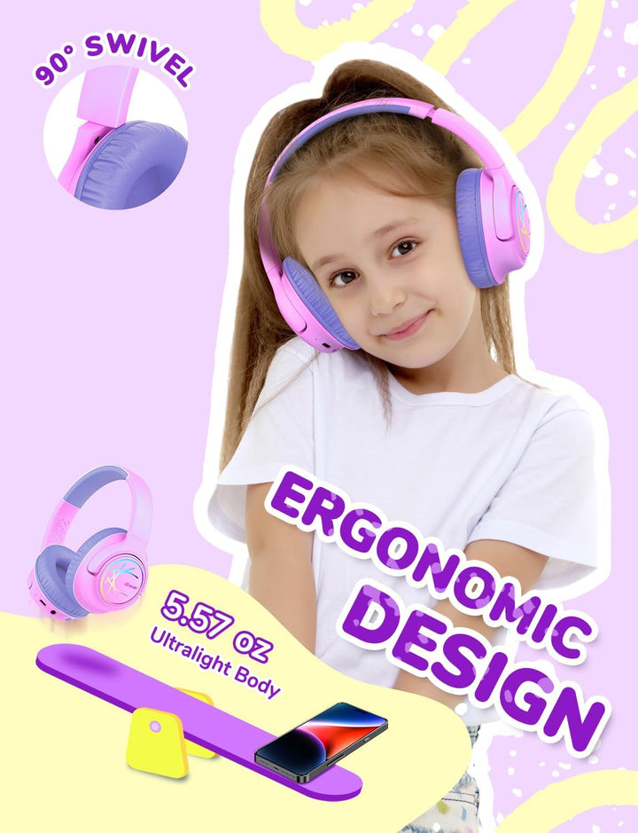 iClever Bluetooth Kopfhörer Kinder mit LED-Leuchten, 74/85dBA Lautstärkebegrenzung, 43 Stunden Spiel