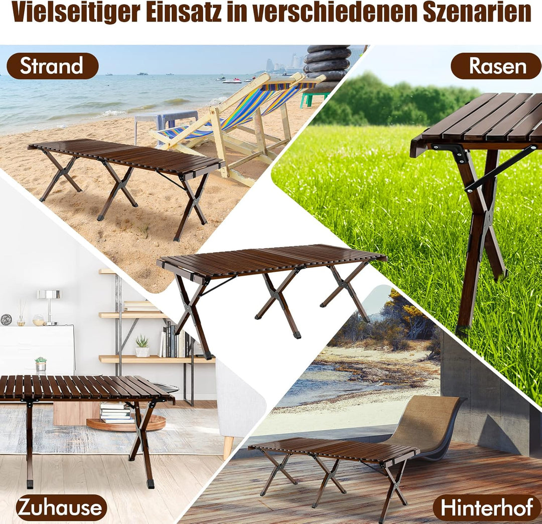 GYMAX Bambus Campingtisch Klappbar Roll-Up Klapptisch 122 x 60 x 43 cm für 4-6 Personen Falttisch mi