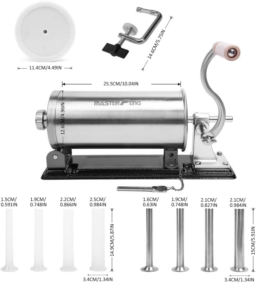 MASTER FENG 6 LBS Wurstfüllmaschine Horizontale Füllmaschine aus Edelstahl mit 8 Fülltrichtern und 1