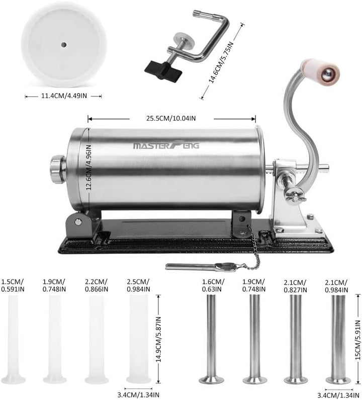 MASTER FENG 6 LBS Wurstfüllmaschine Horizontale Füllmaschine aus Edelstahl mit 8 Fülltrichtern und 1