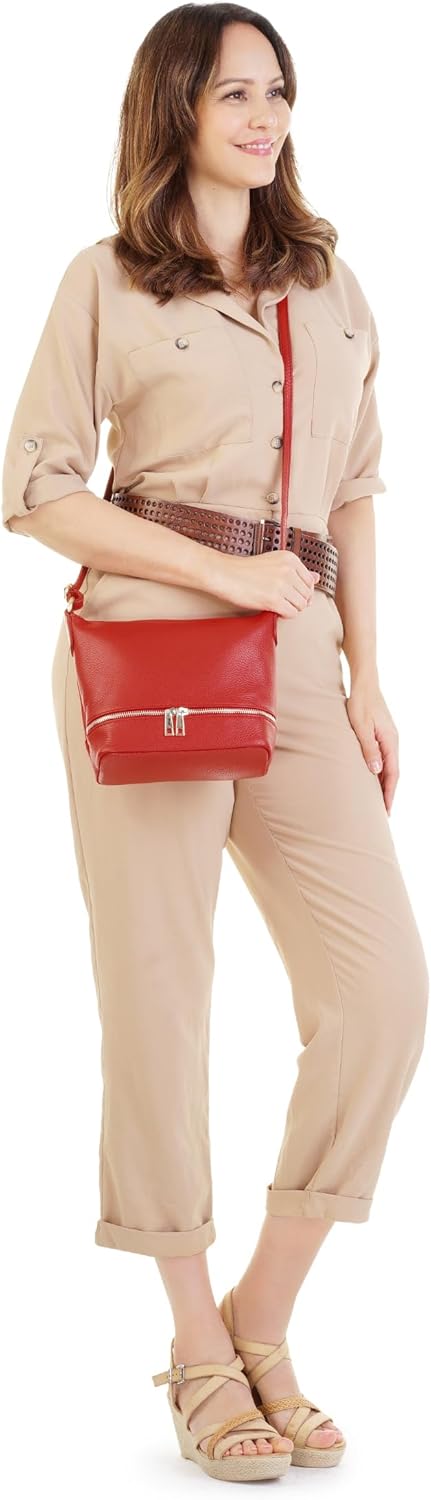 Umhängetasche Echt Leder Damen Made in Italy, verstellbarer Schultergurt, Handtasche mit Reissversch