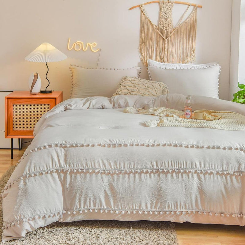 Freyamy Böhmen Bettwäsche 135x200cm 4teilig Beige Pom Pom Boho Chic Wendebettwäsche Gewaschene Micro