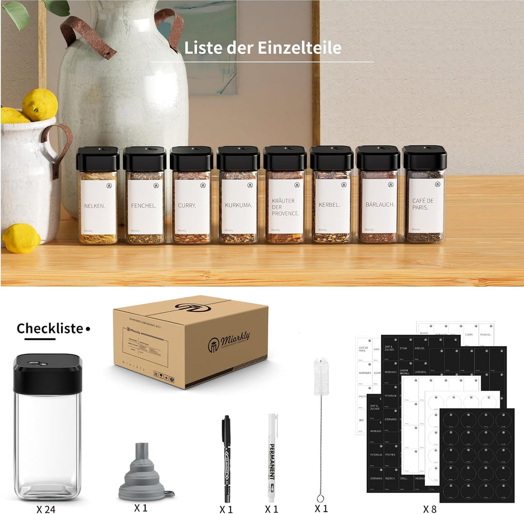 24 Gewürzgläser Eckig mit Drehdeckel,Gewürzstreuer Glas 120 ml - Gewürzdosen Set Starke Versiegelung
